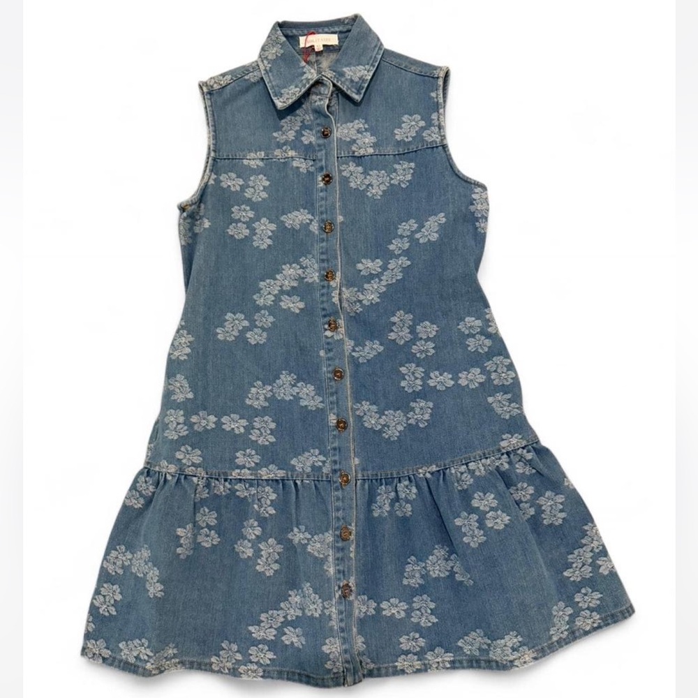 Solitaire Blue Denim Floral Button Sleeveless Mini Dress NWT XS